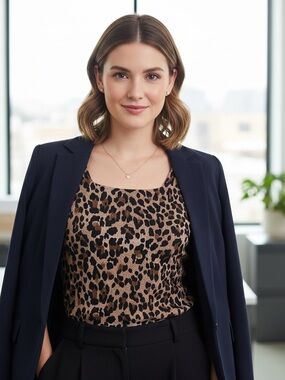 Reitmans Leopard Print Scoop Neck Short Sleeve Top Office Siren Corporate Girlie
